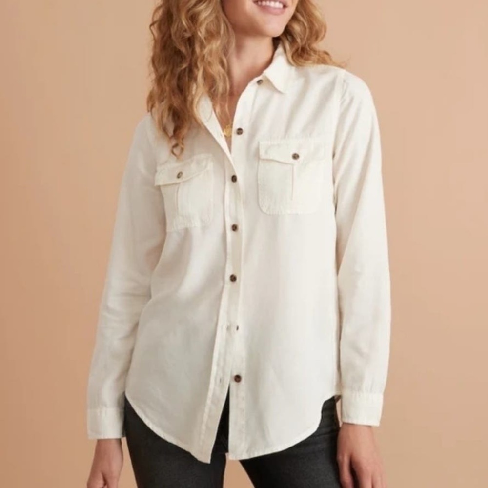 Marine Layer Cheyenne Tencel Relaxed Utility Shirt S Soft White Long Sleeve
